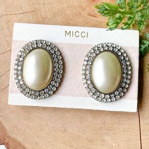 Vintage Micci Rhinestone Silver Pearl Statement Runway Clip On Earrings
